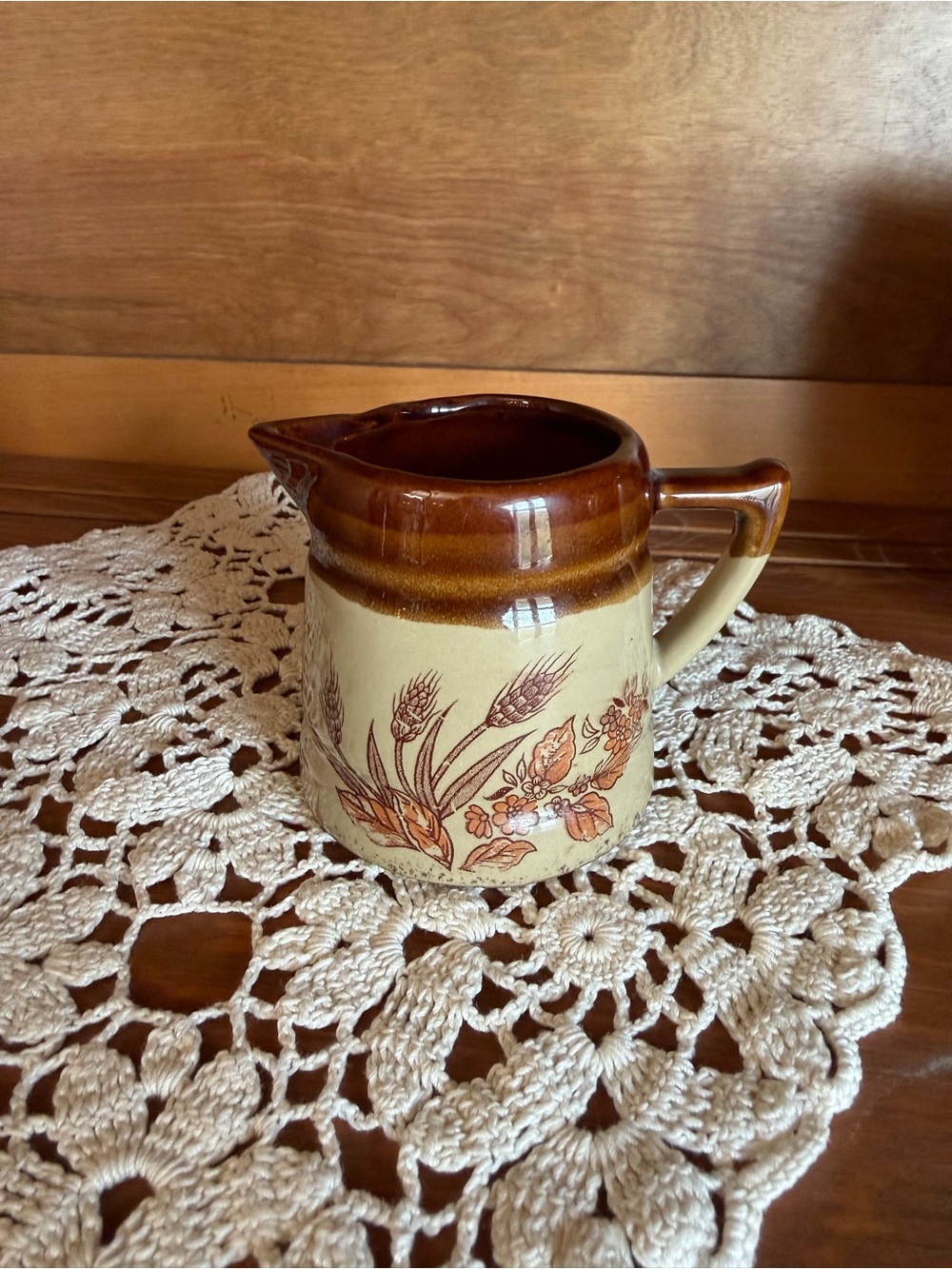 Vintage Brown and Cream Wheat Floral Stoneware Creamer